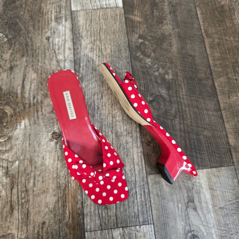 Y2K Ann Marino Red Polka Dot Kitten Heel Mules Pinup Retro Bow Slide Heels SZ 9